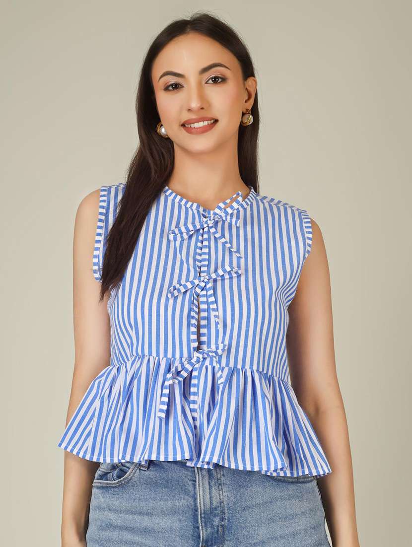 women striped sleeveless front tie peplum top - 22286828 -  Standard Image - 2