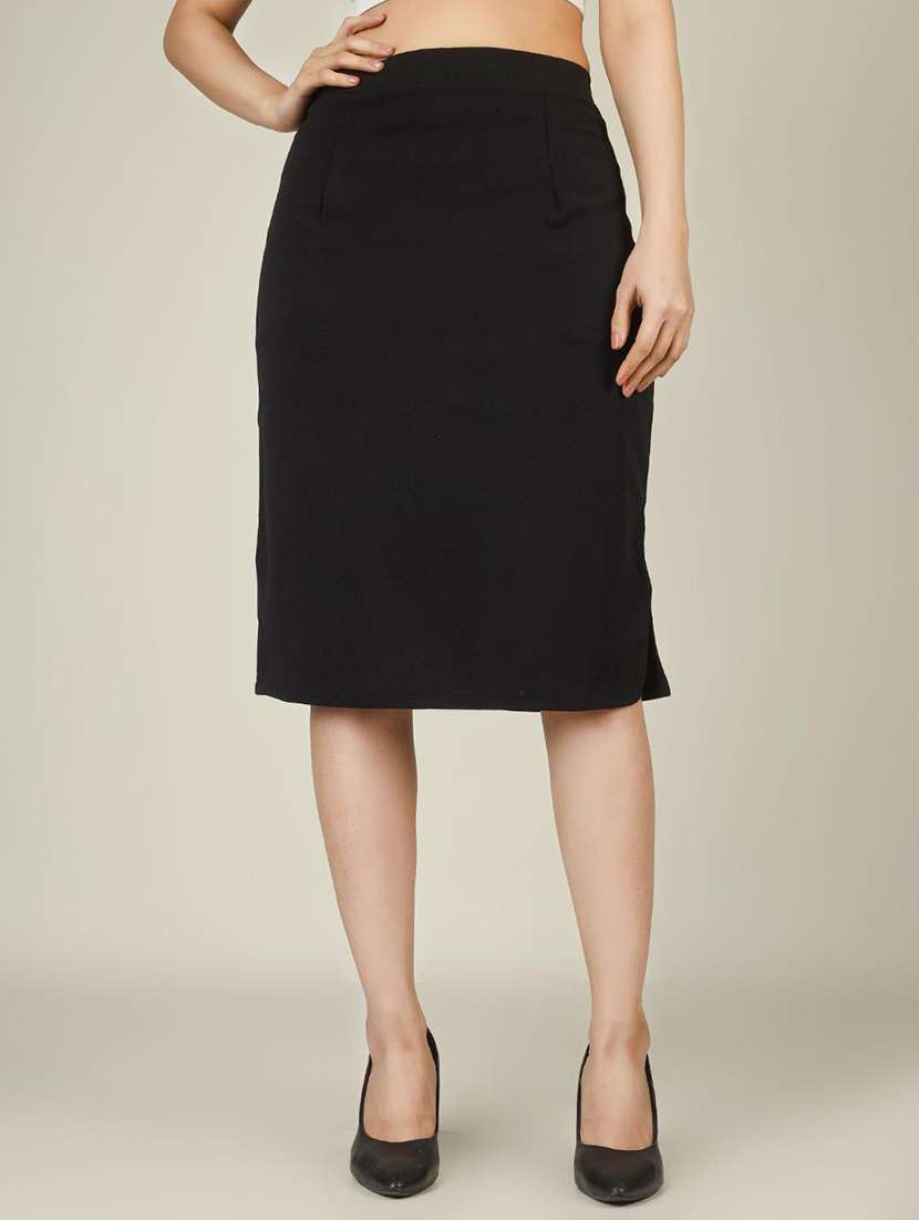 women solid high rise straight skirt