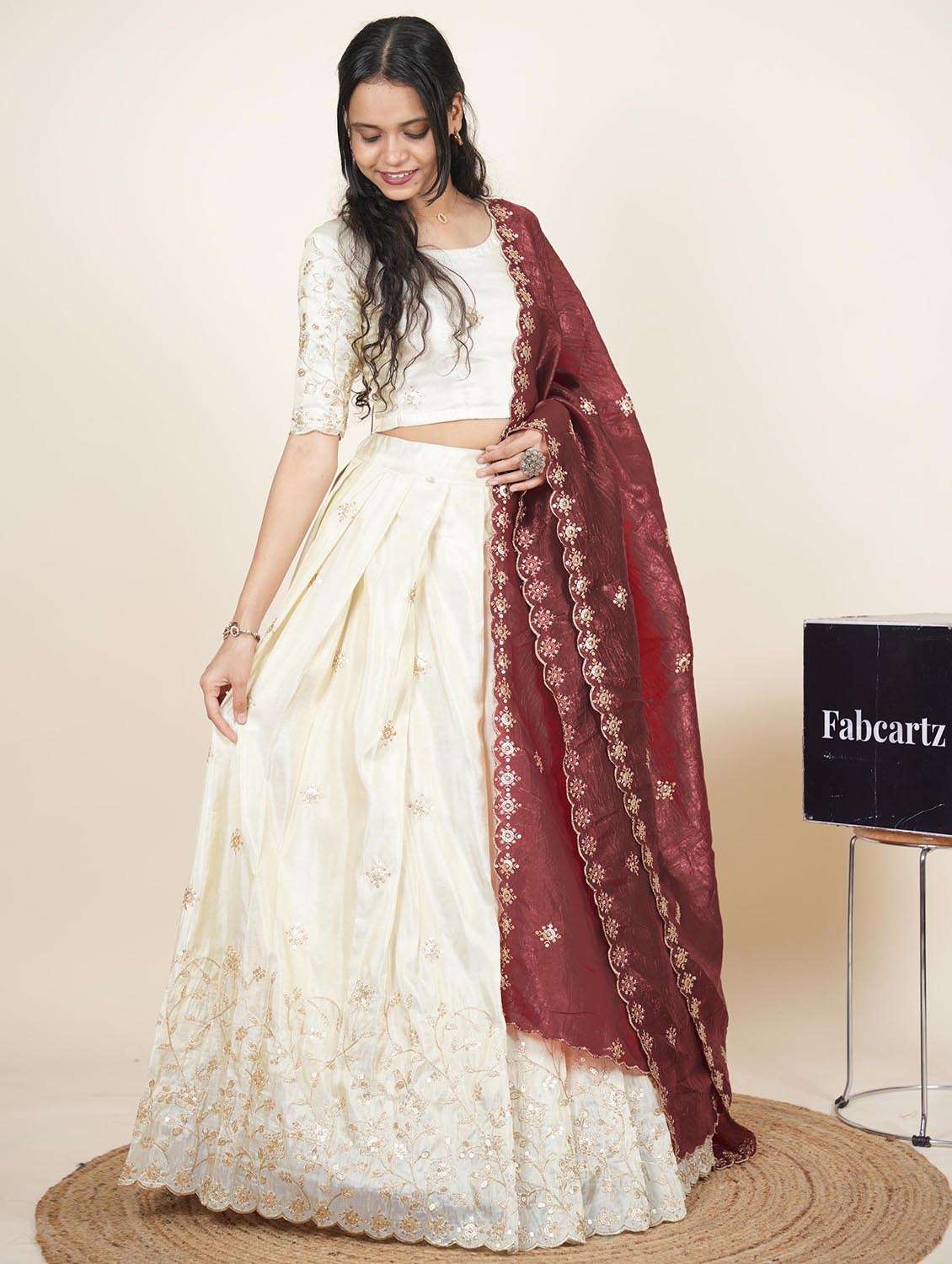 women solid with work semi-stitched flared lehenga - 22286942 -  Standard Image - 2