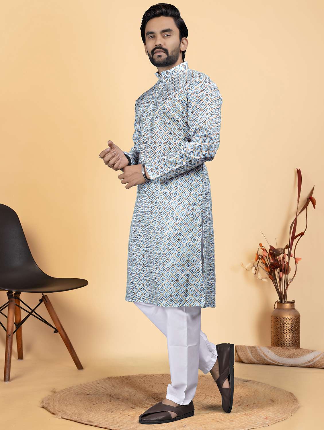men printed mandarin neck long kurta - 22286971 -  Standard Image - 2