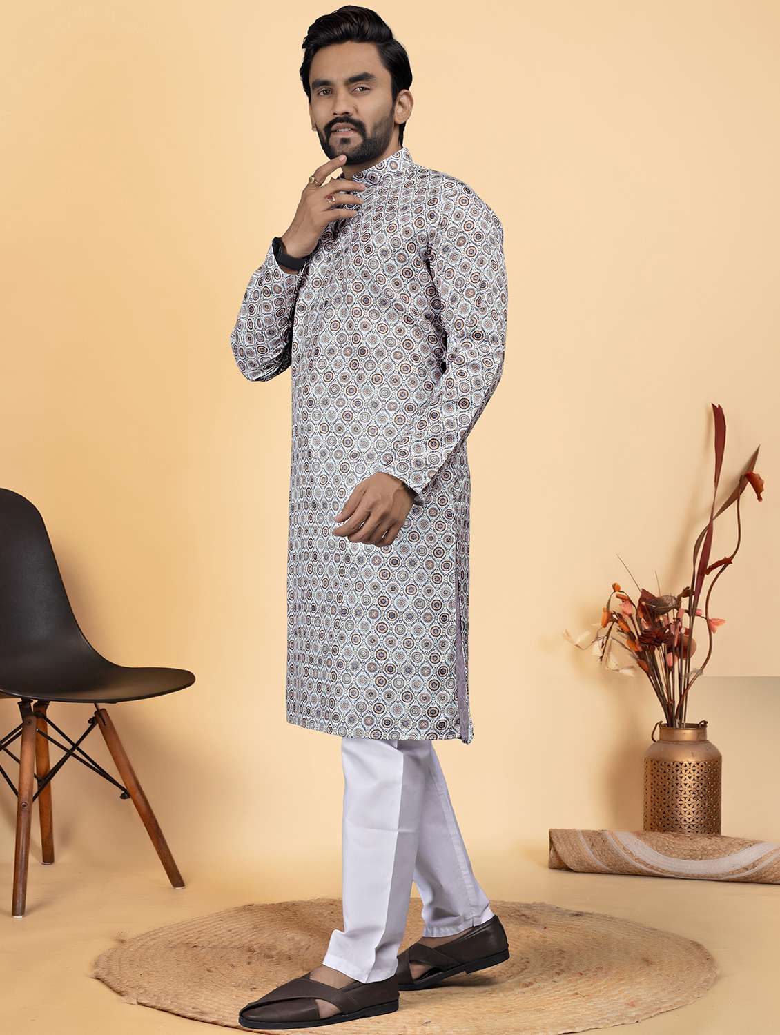 men printed mandarin neck long kurta - 22286976 -  Standard Image - 2