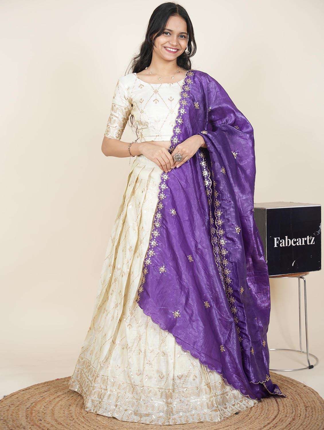 women solid with work semi-stitched flared lehenga