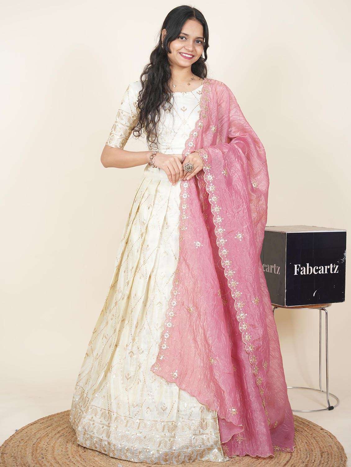 women solid with work semi-stitched flared lehenga