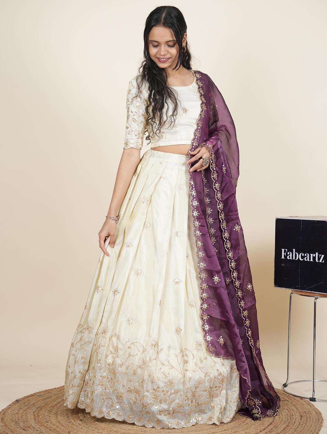 women solid with work semi-stitched flared lehenga - 22287089 -  Standard Image - 2
