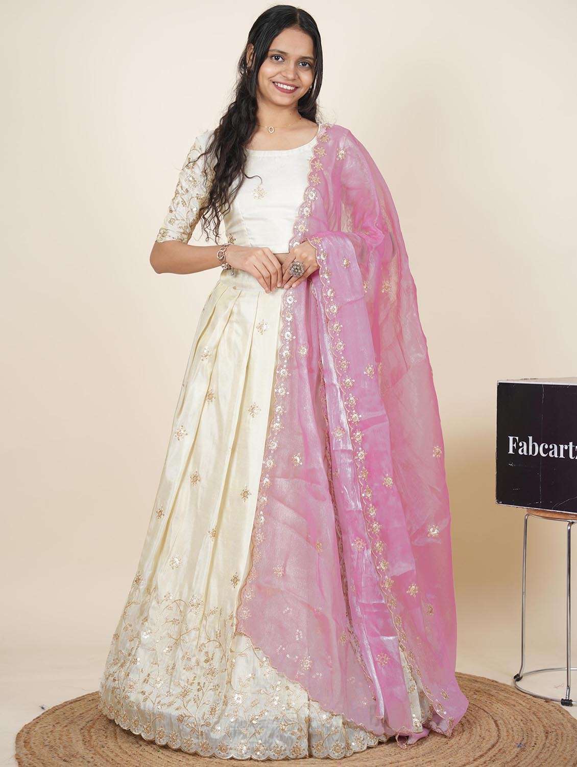 women solid with work semi-stitched flared lehenga