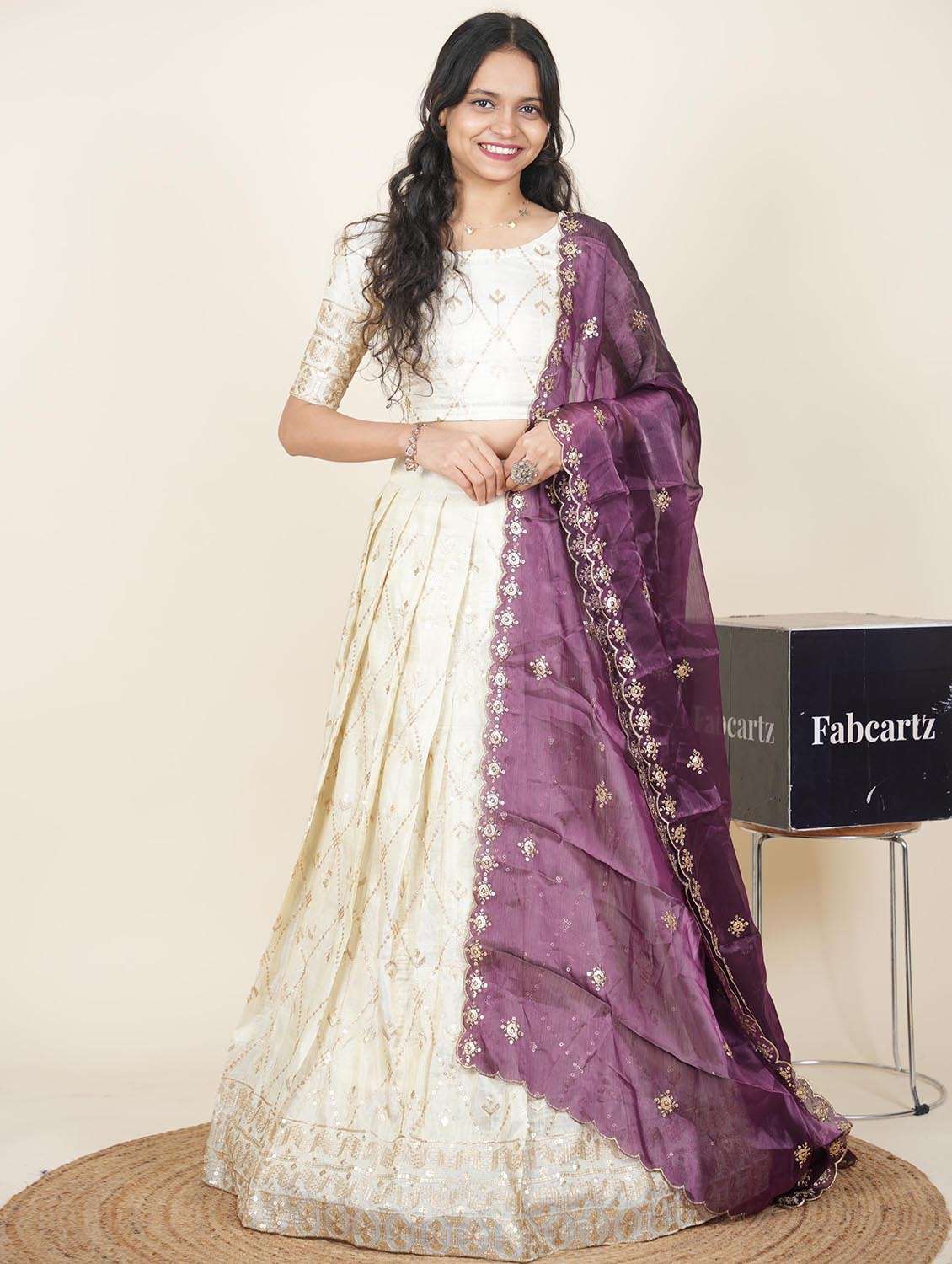 women solid with work semi-stitched flared lehenga