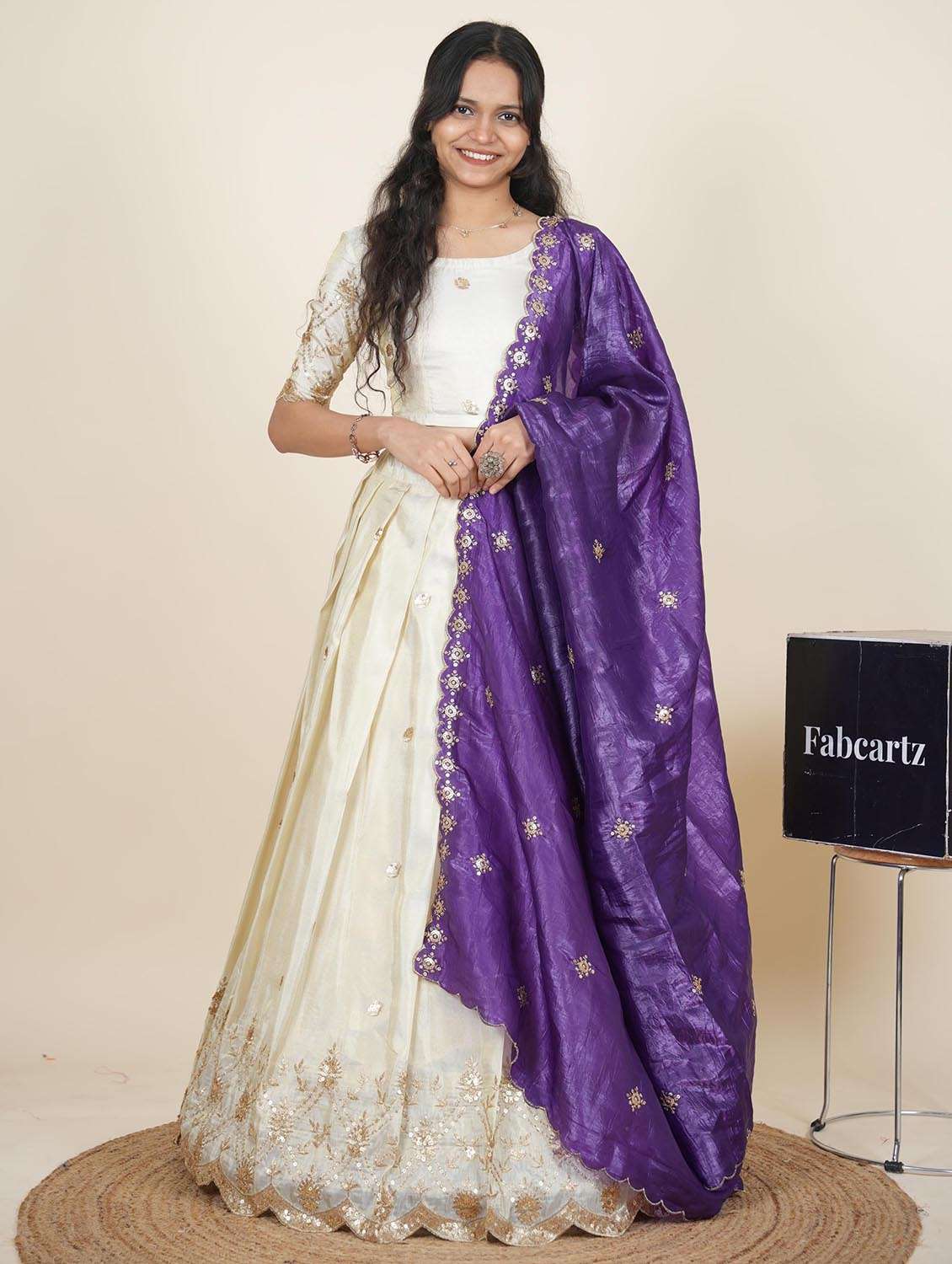 women solid with work semi-stitched flared lehenga