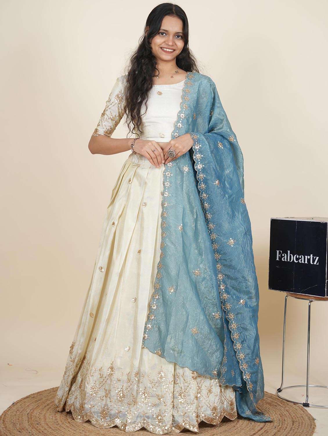 women solid with work semi-stitched flared lehenga