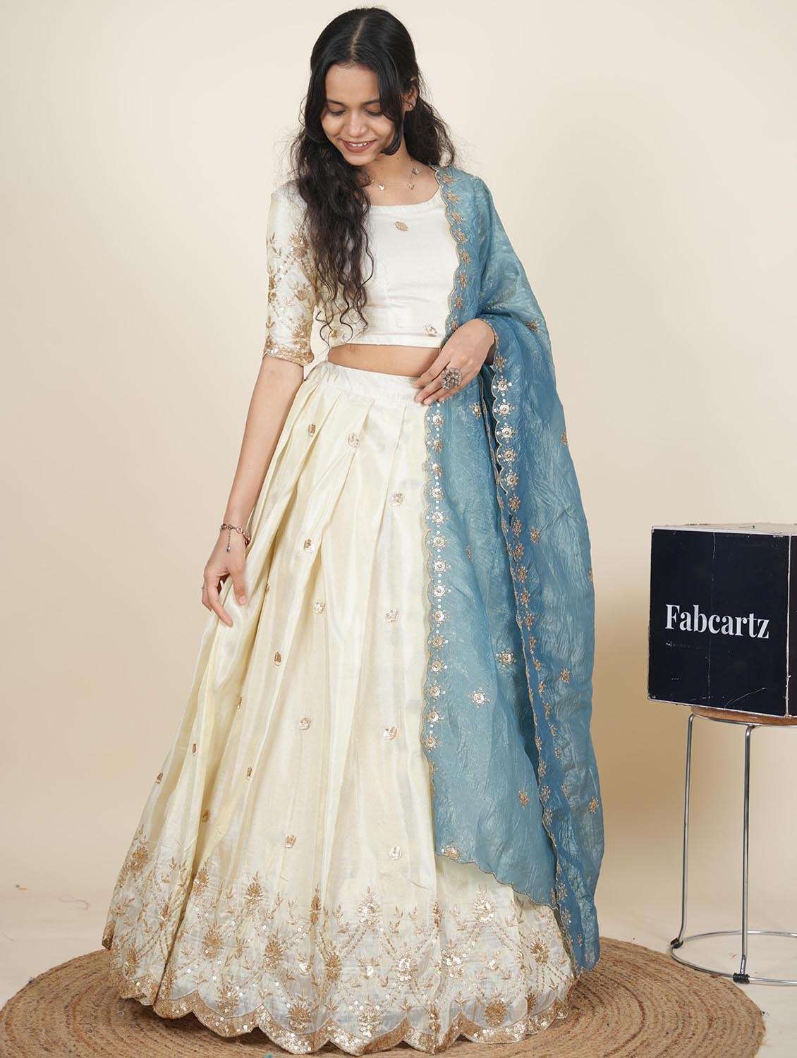 women solid with work semi-stitched flared lehenga - 22287094 -  Standard Image - 2
