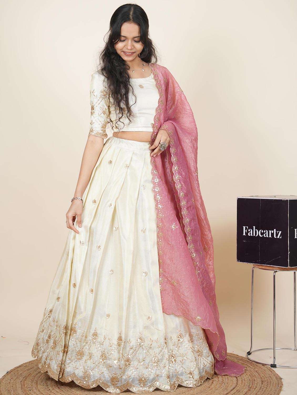 women solid with work semi-stitched flared lehenga - 22287096 -  Standard Image - 2