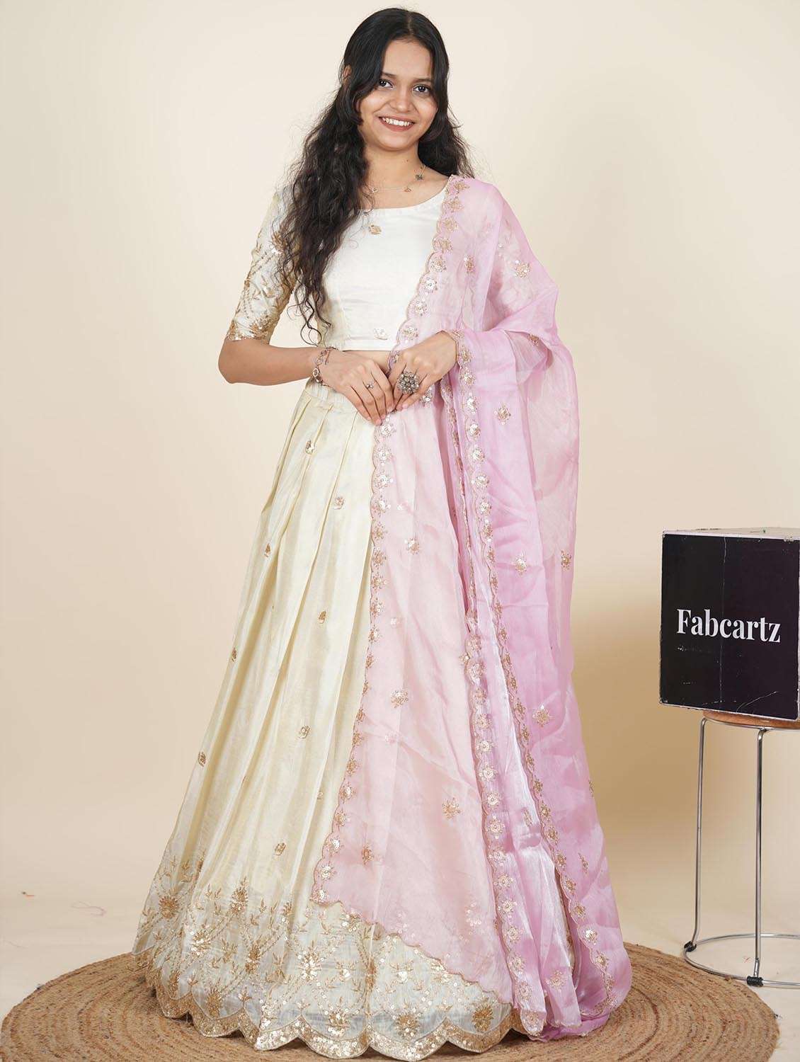 women solid with work semi-stitched flared lehenga