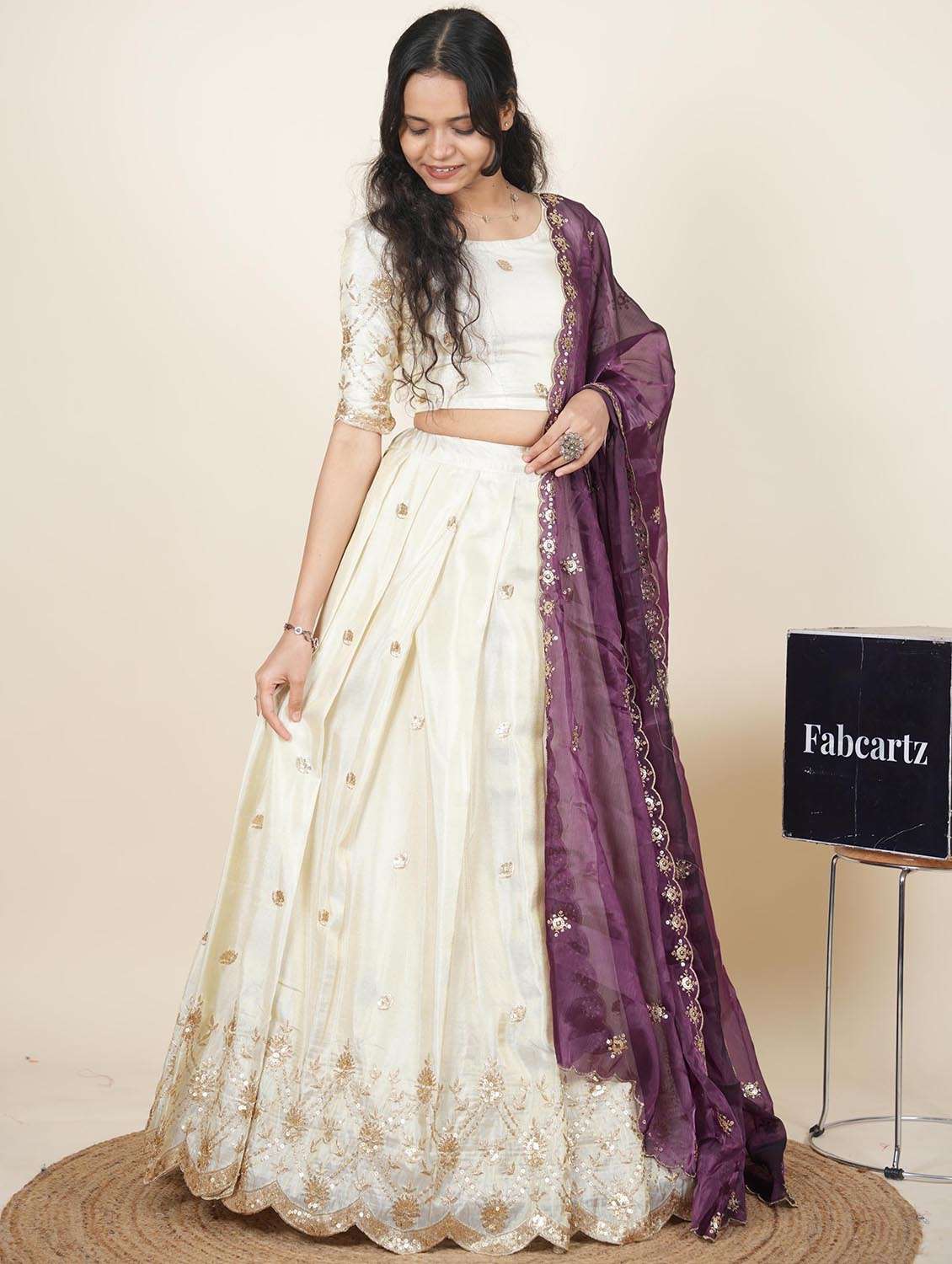 women solid with work semi-stitched flared lehenga - 22287099 -  Standard Image - 2