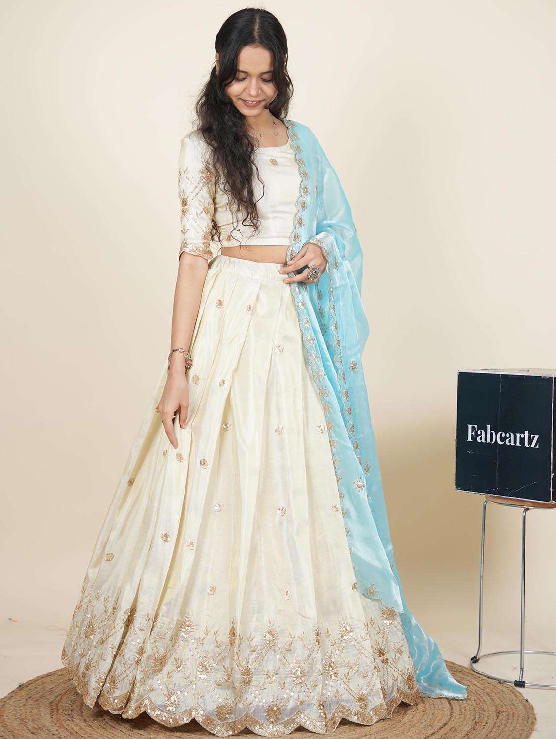 women solid with work semi-stitched flared lehenga - 22287100 -  Standard Image - 2