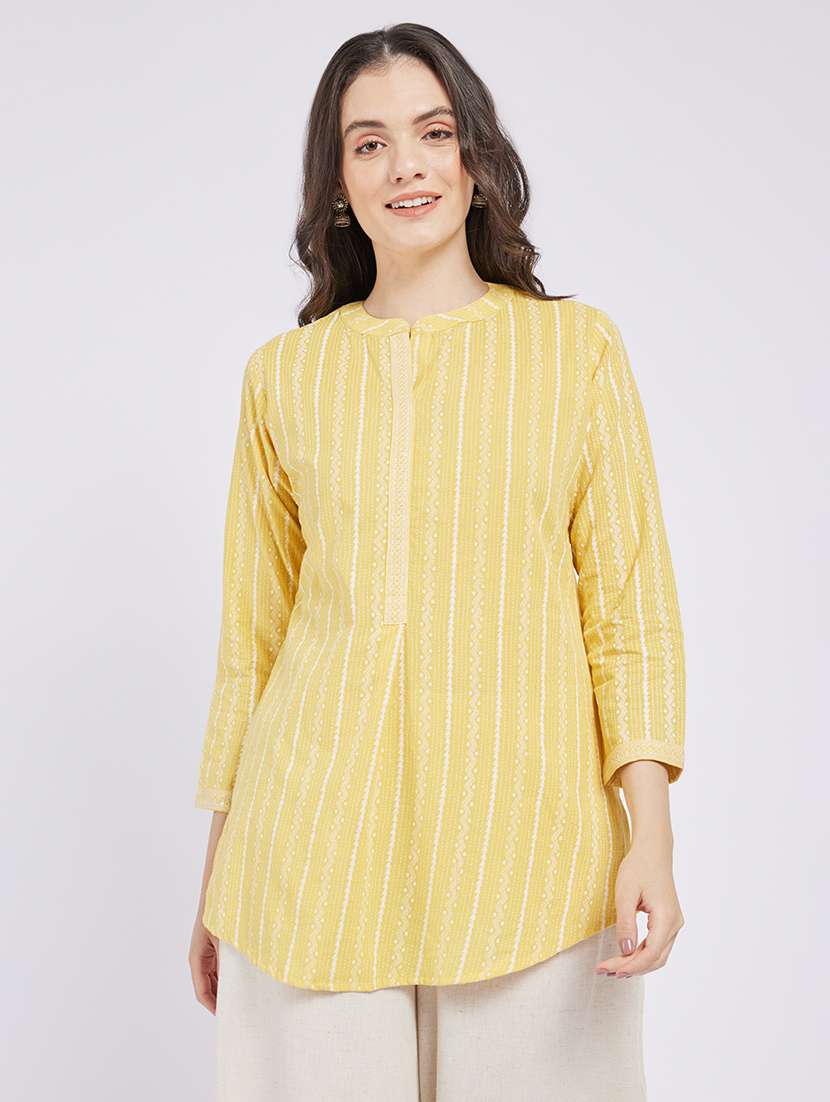 women printed three quarter sleeve a-line kurti