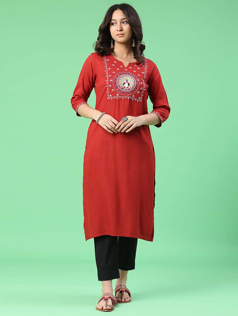 women embroidered three quarter sleeves straight kurta - 22287280 -  Standard Image - 2