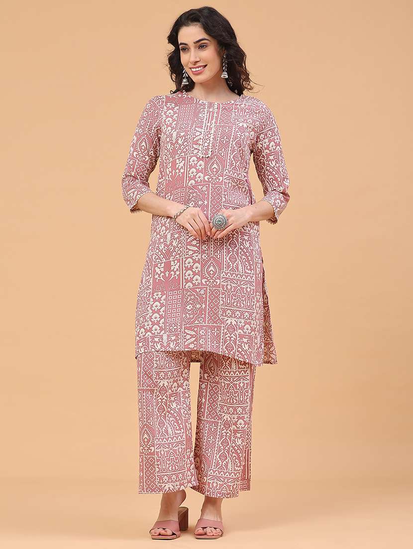 women printed three quarter sleeve ethnic co-ord set