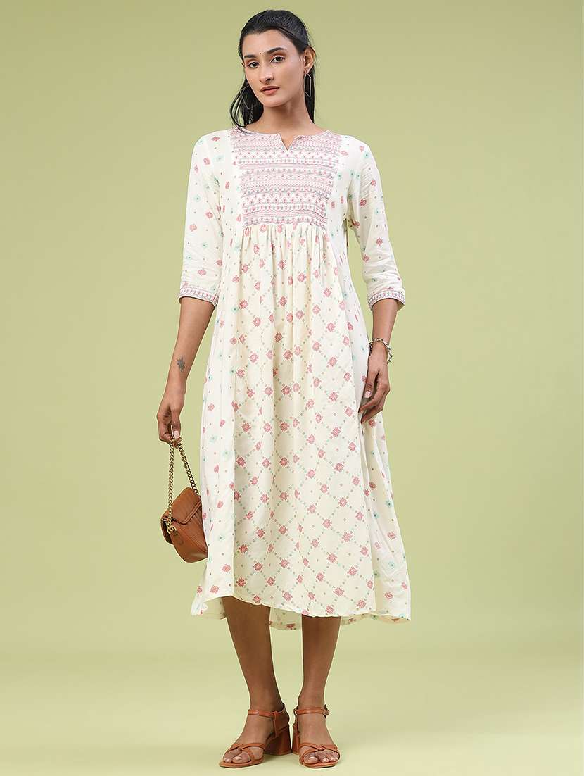 women printed three quarter sleeve a-line dress - 22287431 -  Standard Image - 2