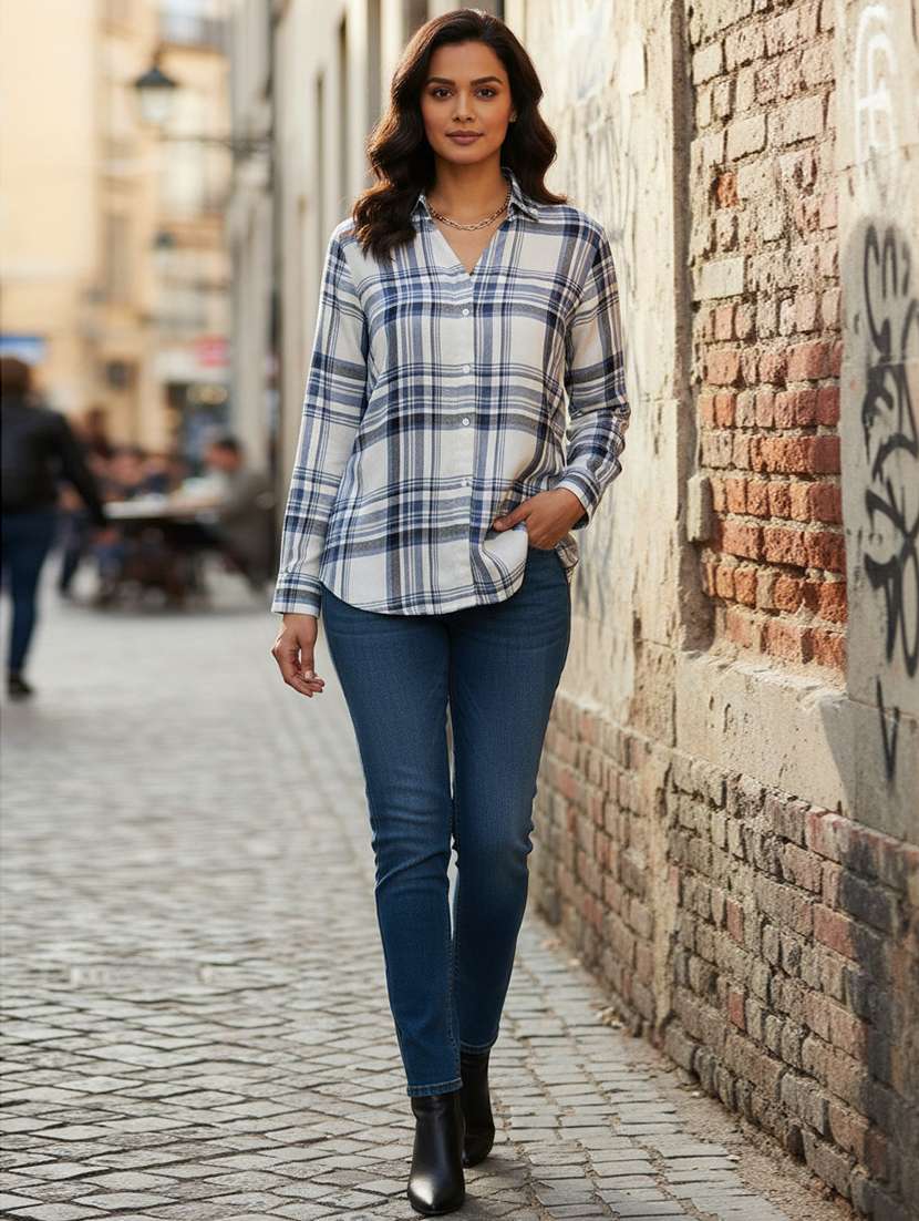 women checkered long sleeve collared shirt