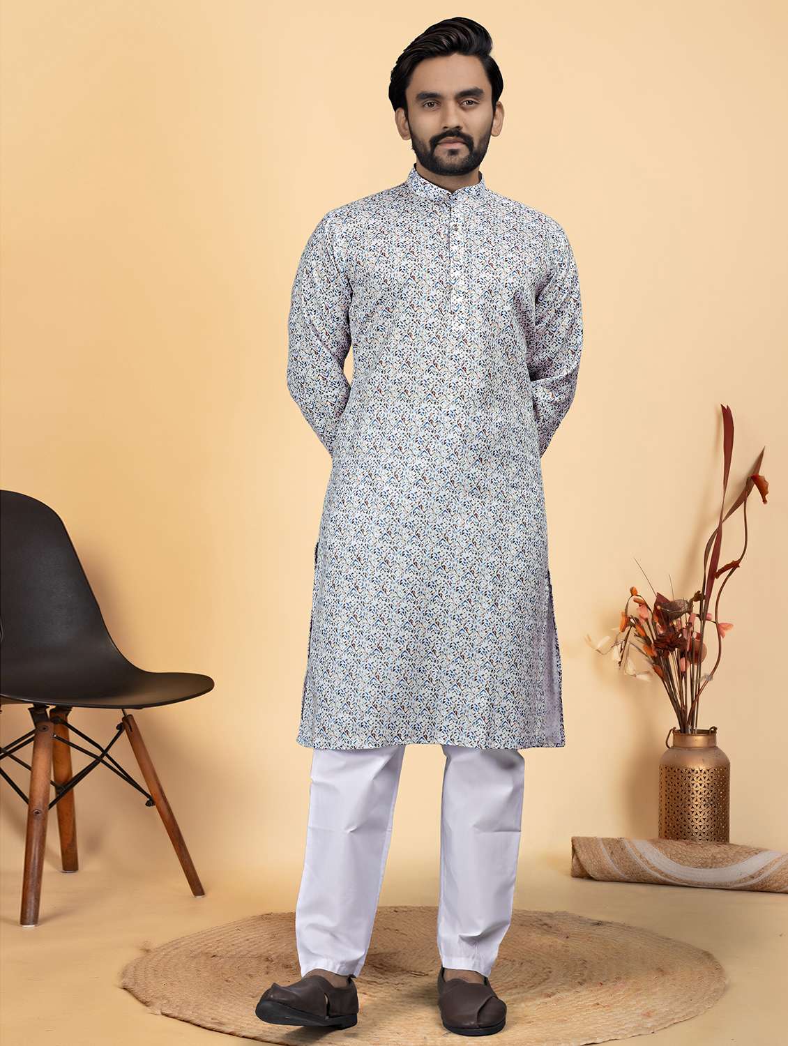 men printed mandarin neck kurta pyjama ethnic wear set - 22287635 -  Standard Image - 2