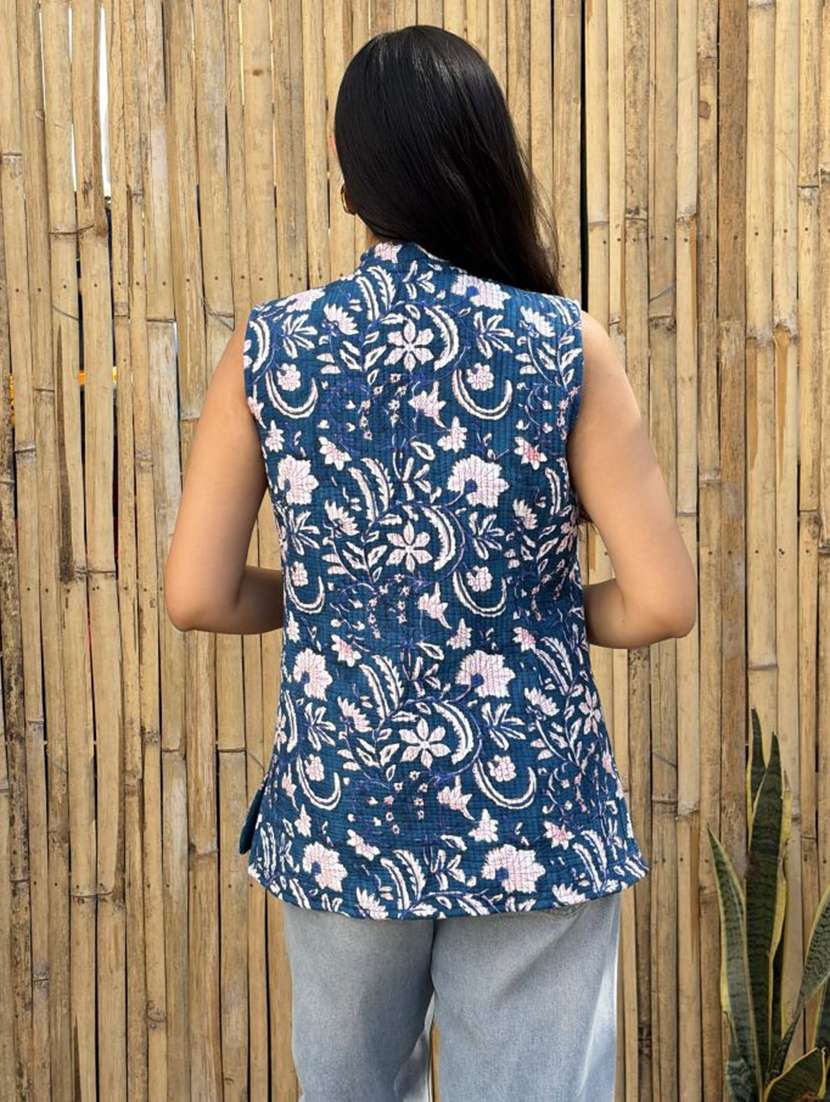 women printed mandarin neck sleeveless jacket - 22287688 -  Standard Image - 2