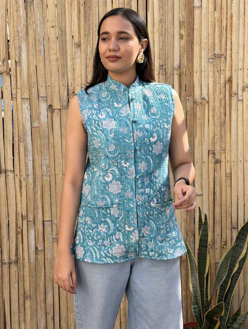 women printed mandarin neck sleeveless jacket - 22287689 -  Standard Image - 2