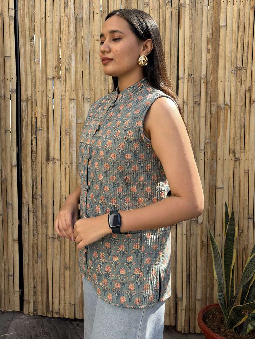 women printed mandarin neck sleeveless jacket - 22287690 -  Standard Image - 2