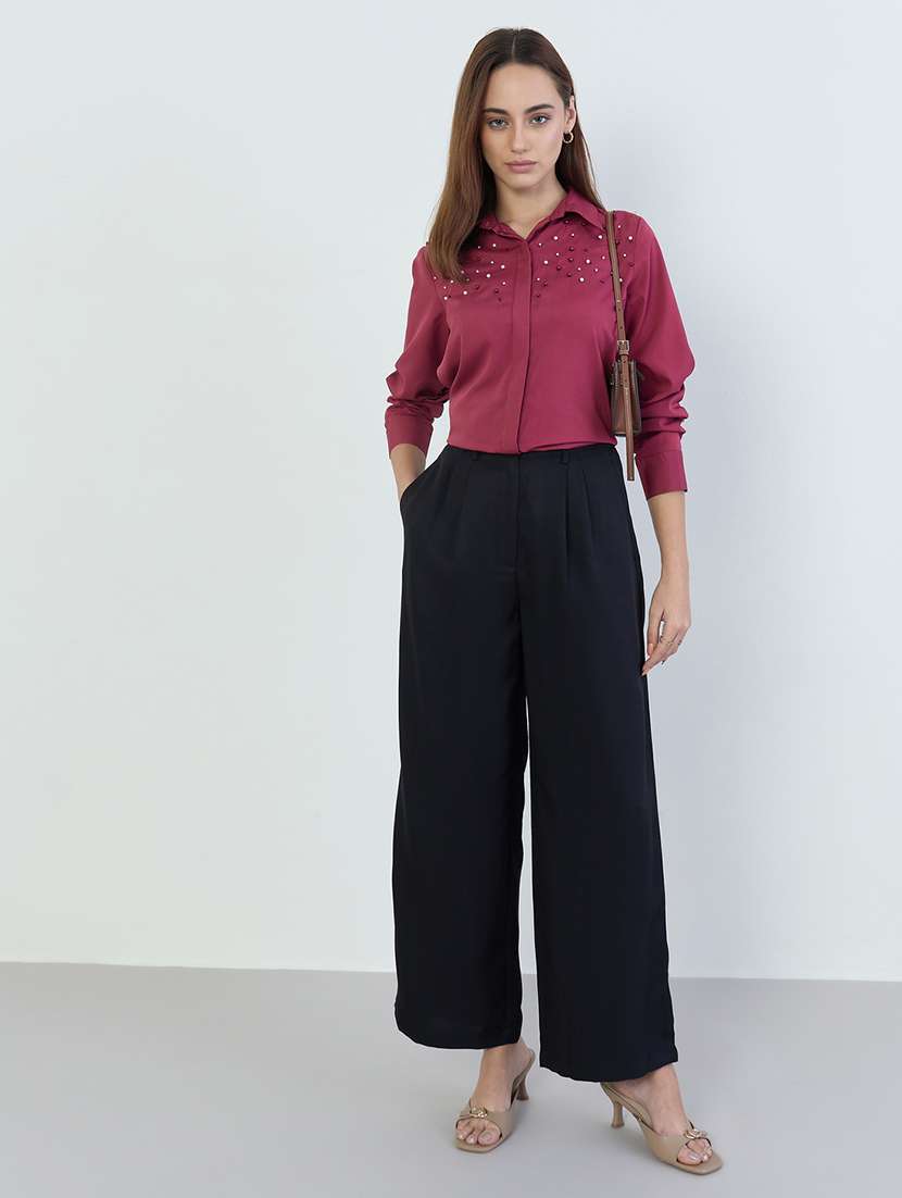 women solid high rise wide leg trouser - 22287777 -  Standard Image - 2