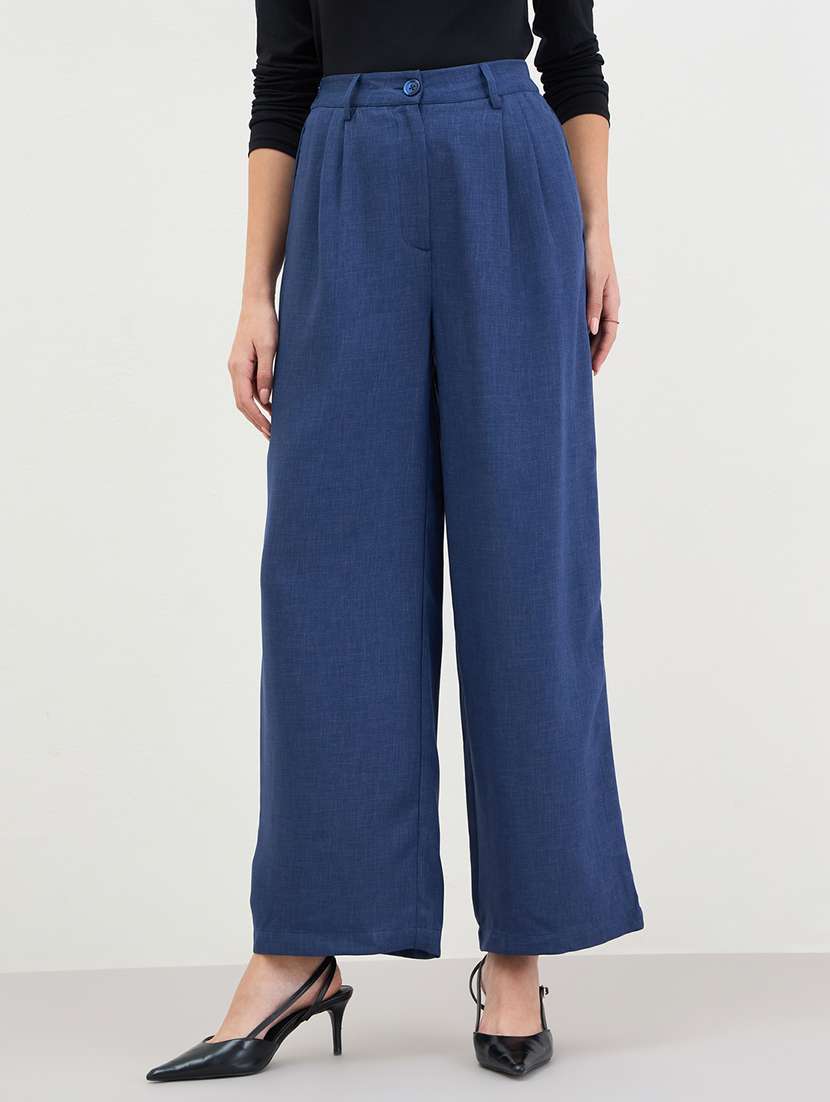 women solid high rise wide leg trouser