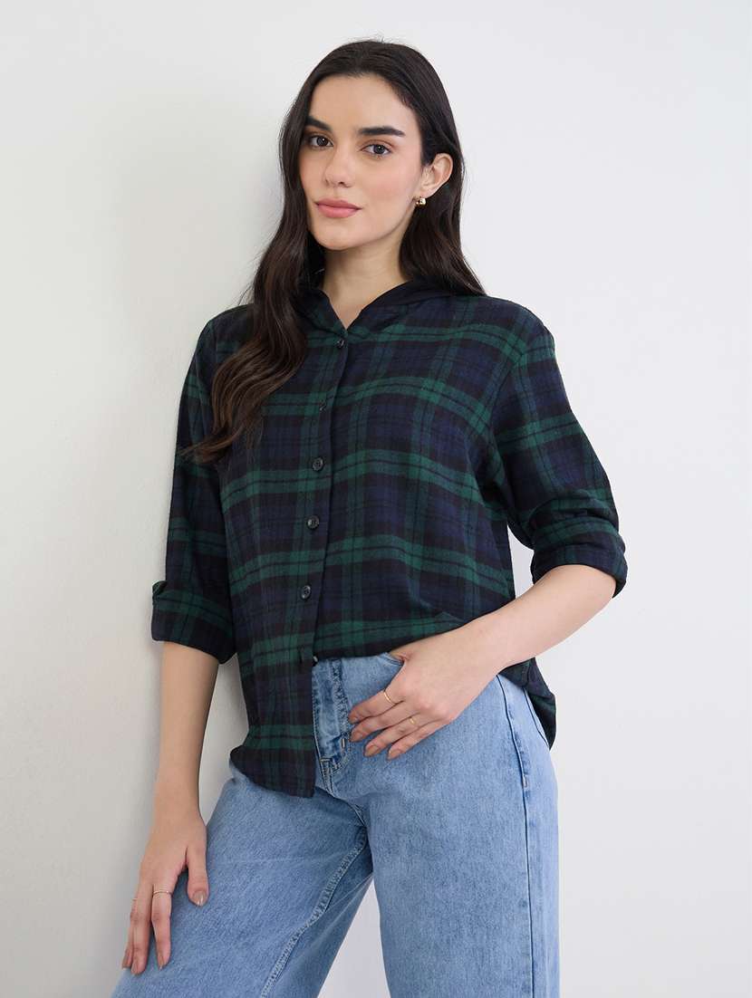 women checkered hooded long sleeve shirt - 22287793 -  Standard Image - 2