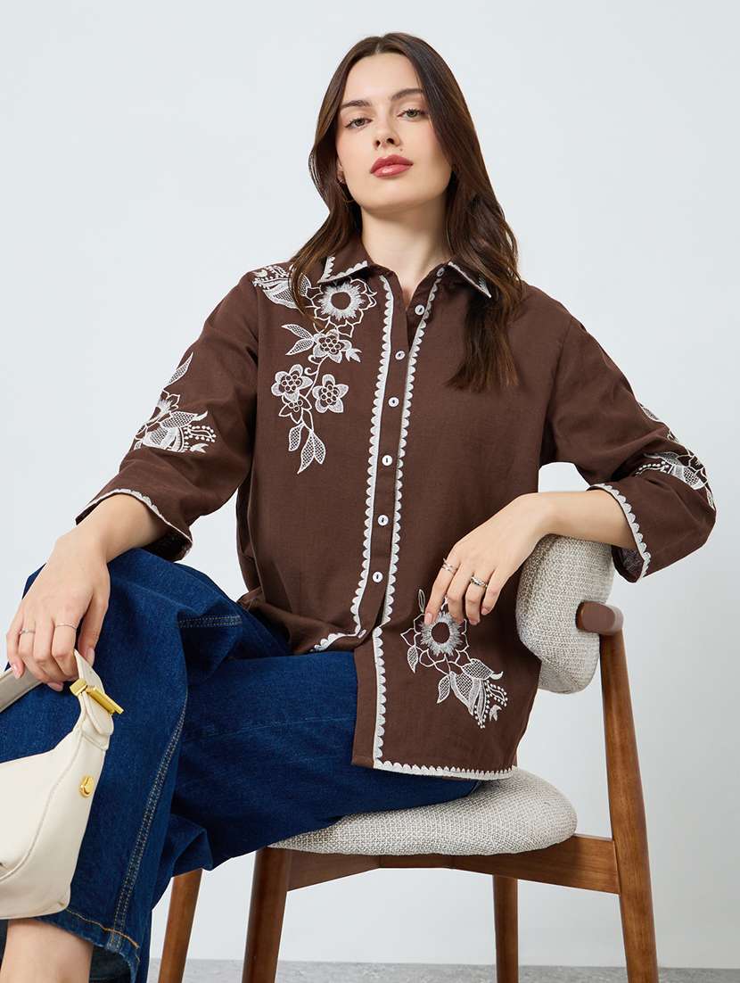 women embroidered collared long sleeve shirt - 22287794 -  Standard Image - 2