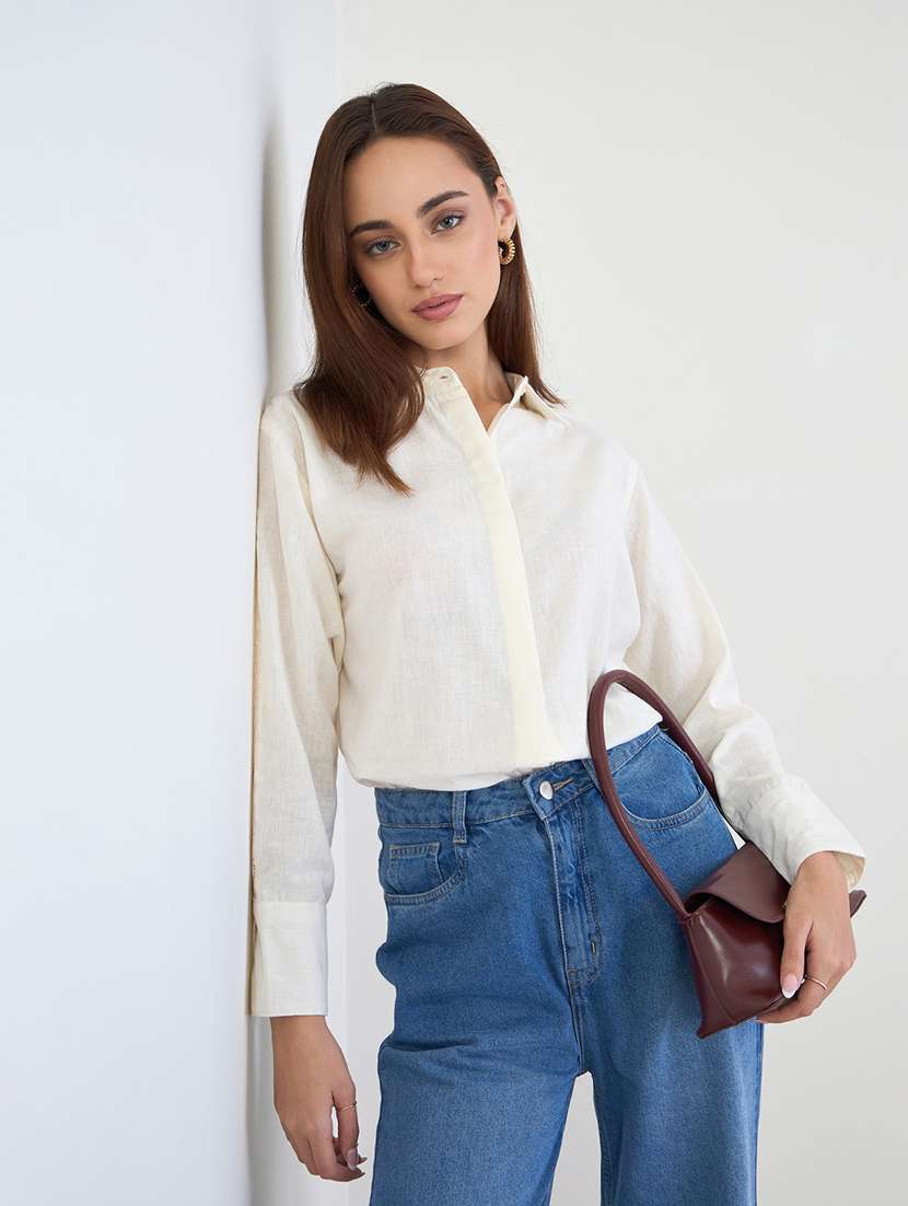 women solid collared long sleeve shirt - 22287799 -  Standard Image - 2