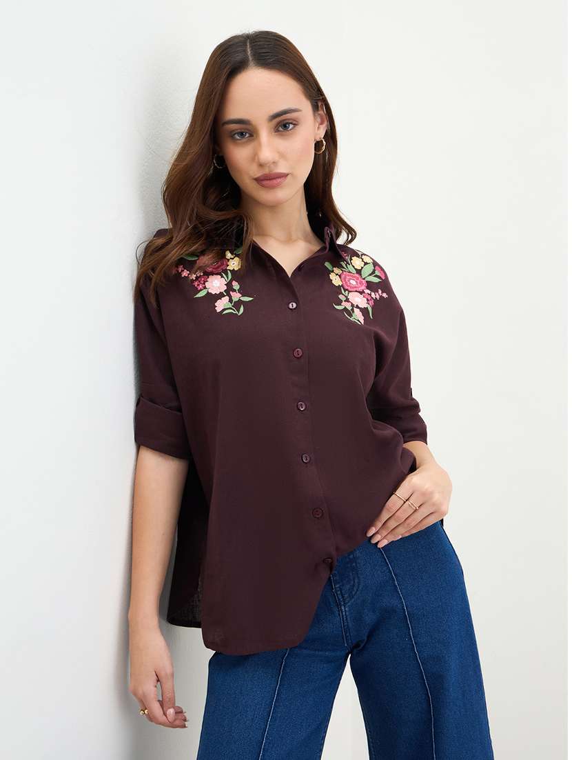 women embroidered collared long sleeve shirt - 22287800 -  Standard Image - 2