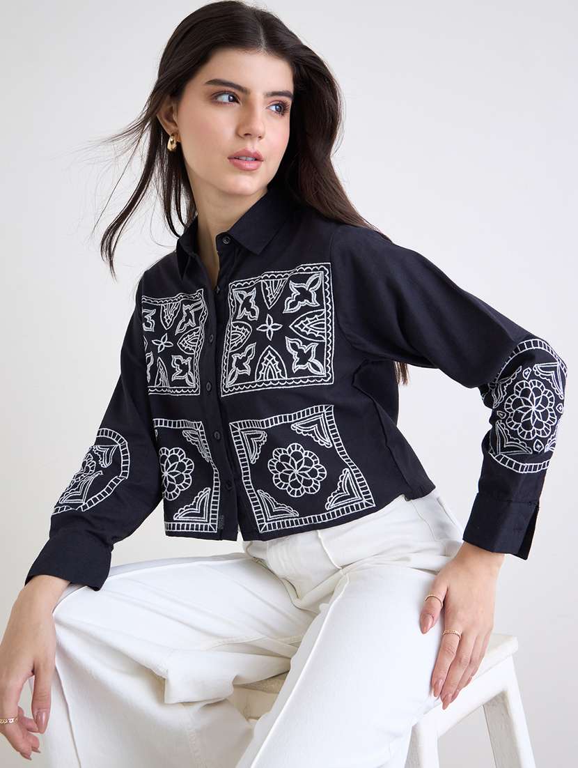 women embroidered collared long sleeve crop shirt