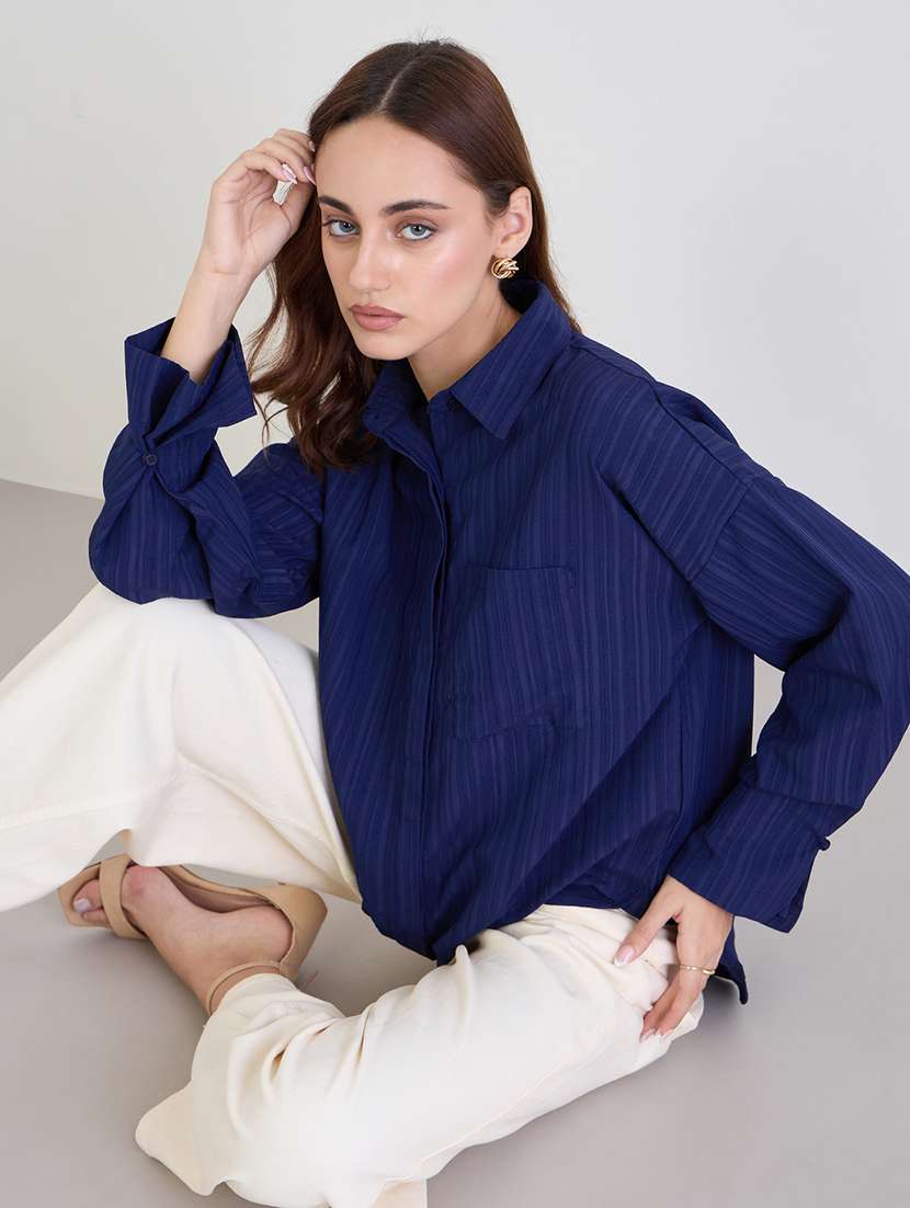 women solid collared long sleeve shirt