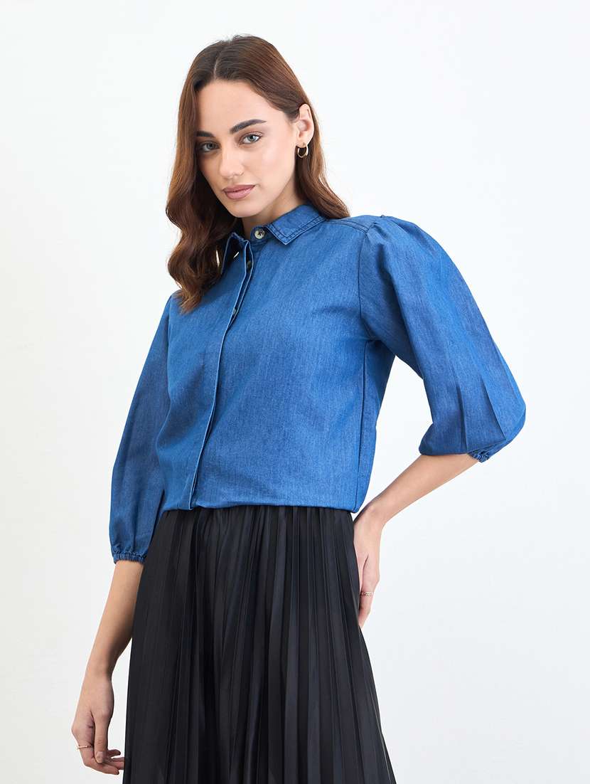 women solid collared puff sleeve shirt - 22287810 -  Standard Image - 2