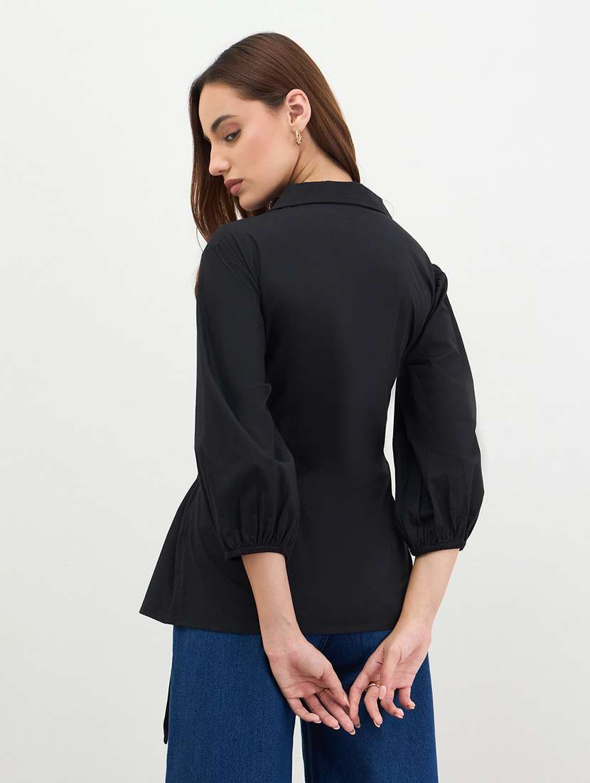 women solid collared puff sleeve shirt - 22287812 -  Standard Image - 2