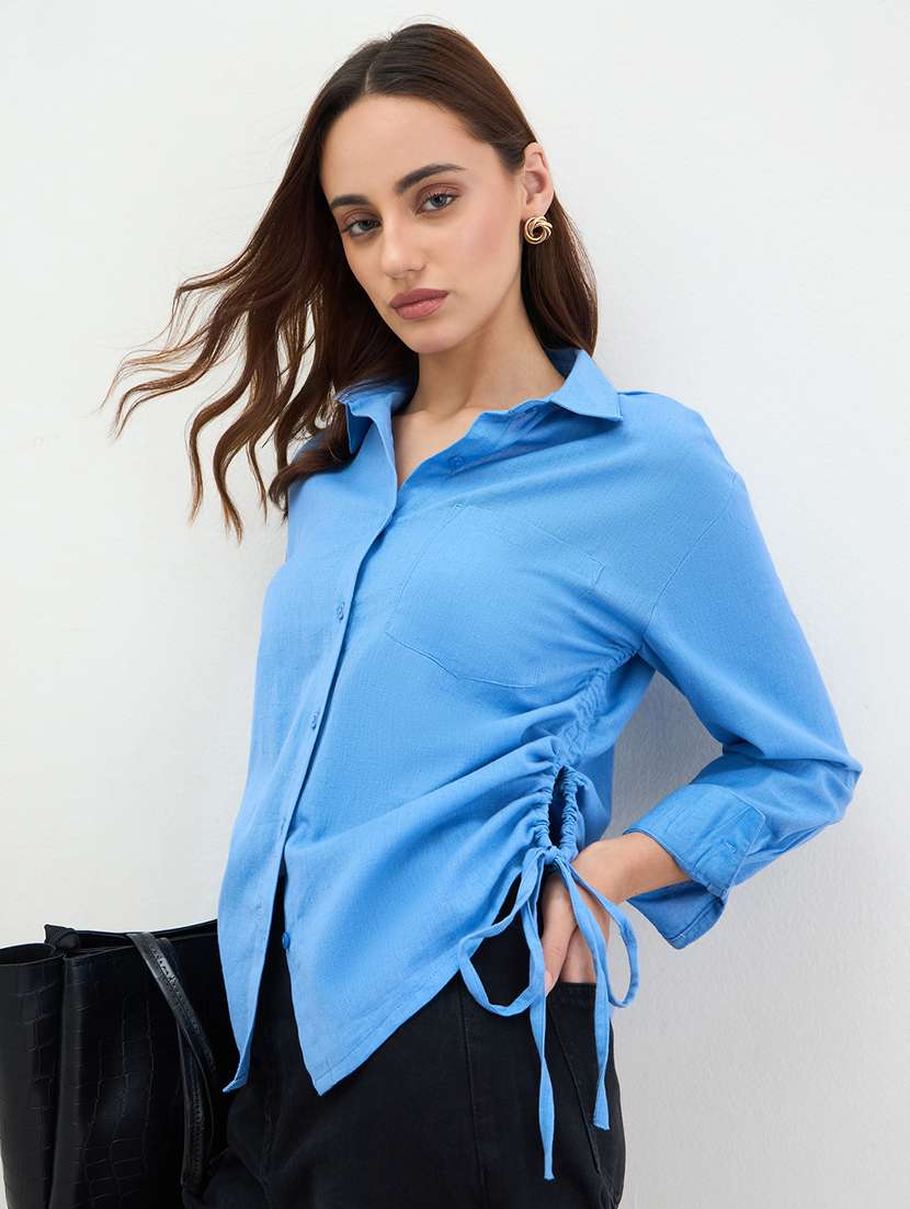 women solid collared long sleeve ruched shirt