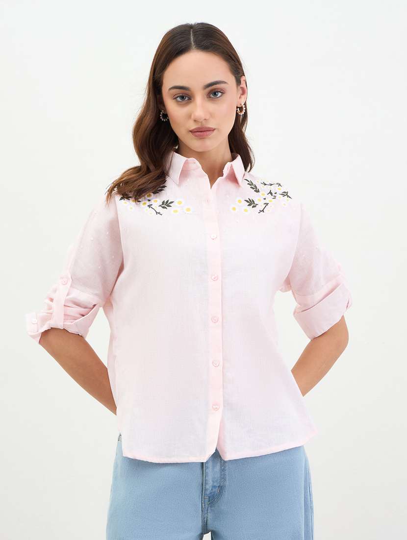 women embridered collared long sleeve shirt - 22287818 -  Standard Image - 2