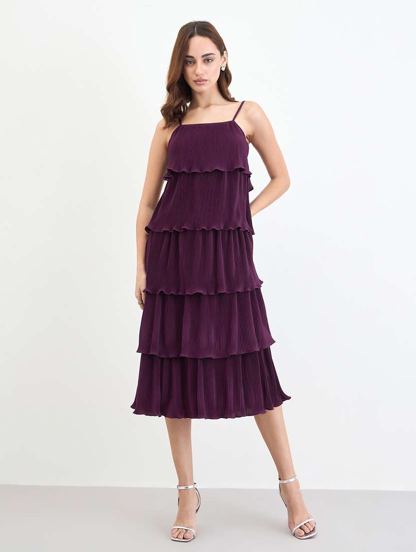 women solid shoulder strap ruffle dress