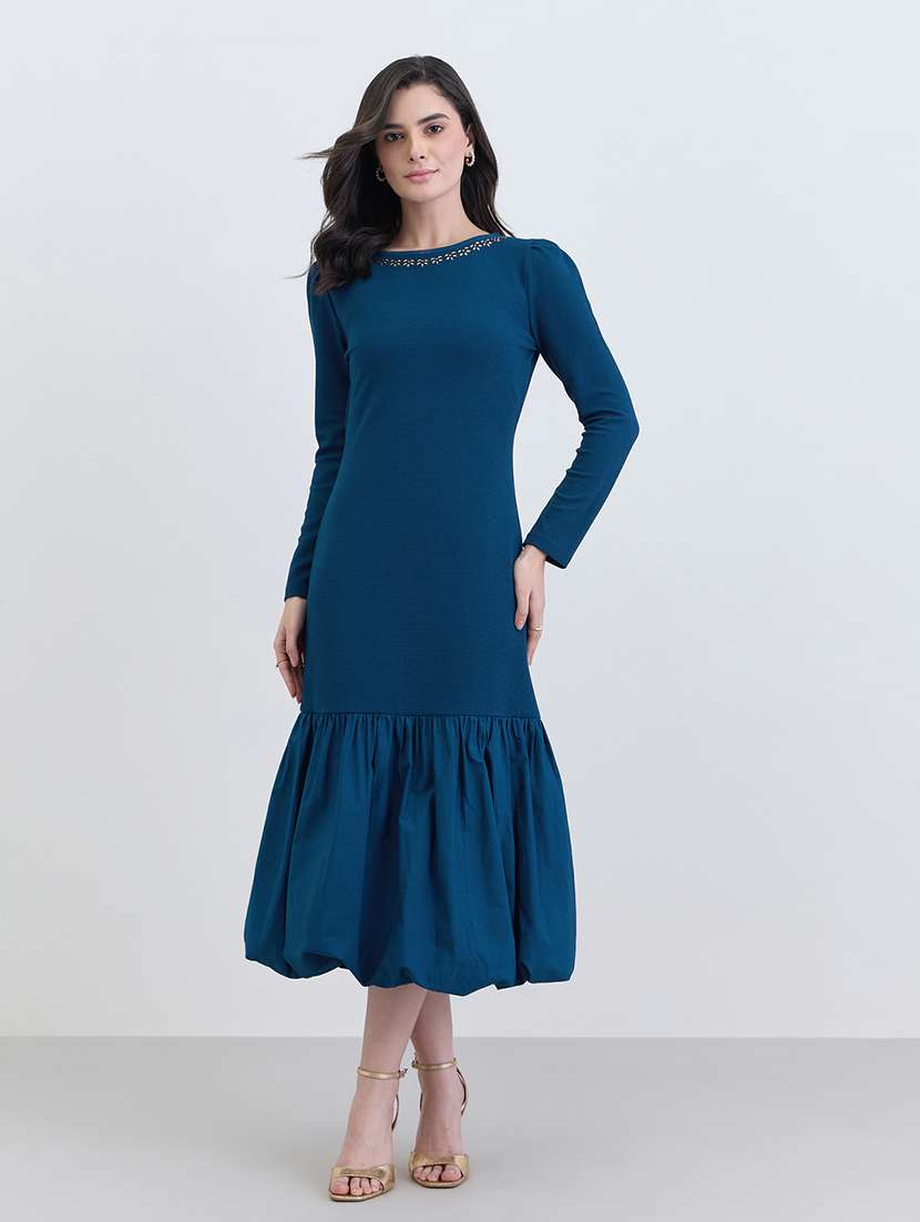women solid puff sleeve ballon dress - 22287832 -  Standard Image - 2