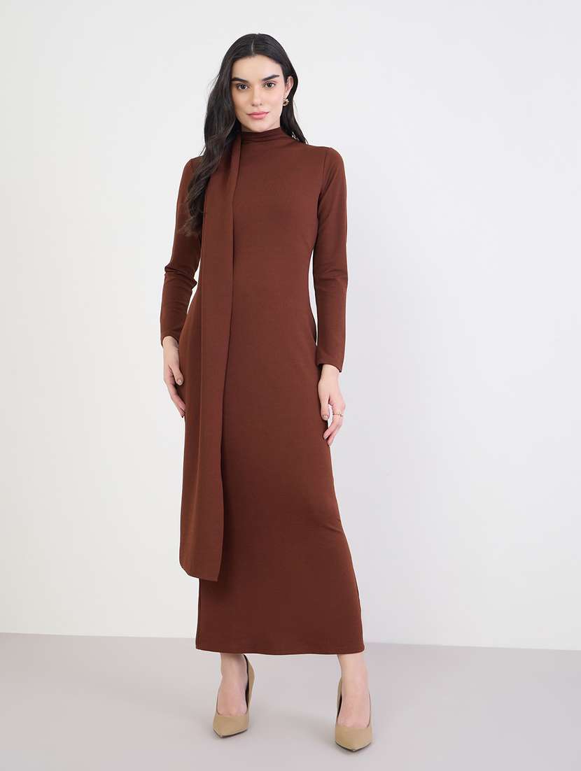 women solid high neck long sleeve bodycon dress