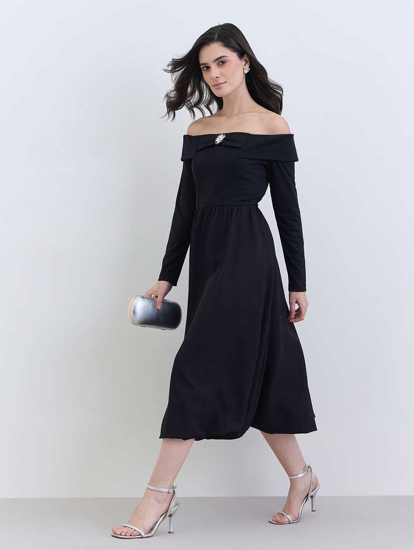 women solid off shoulder long sleeve flared dress - 22287836 -  Standard Image - 2