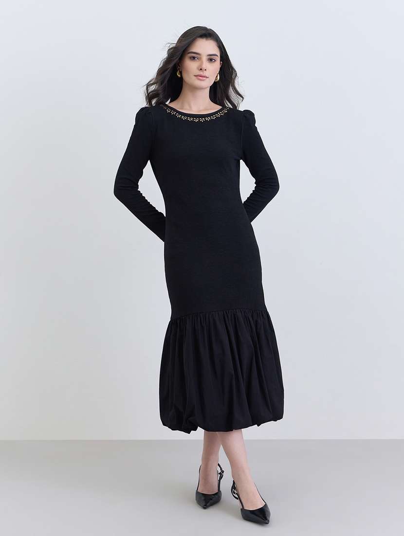 women black solid long sleeve ballon dress - 22287837 -  Standard Image - 2