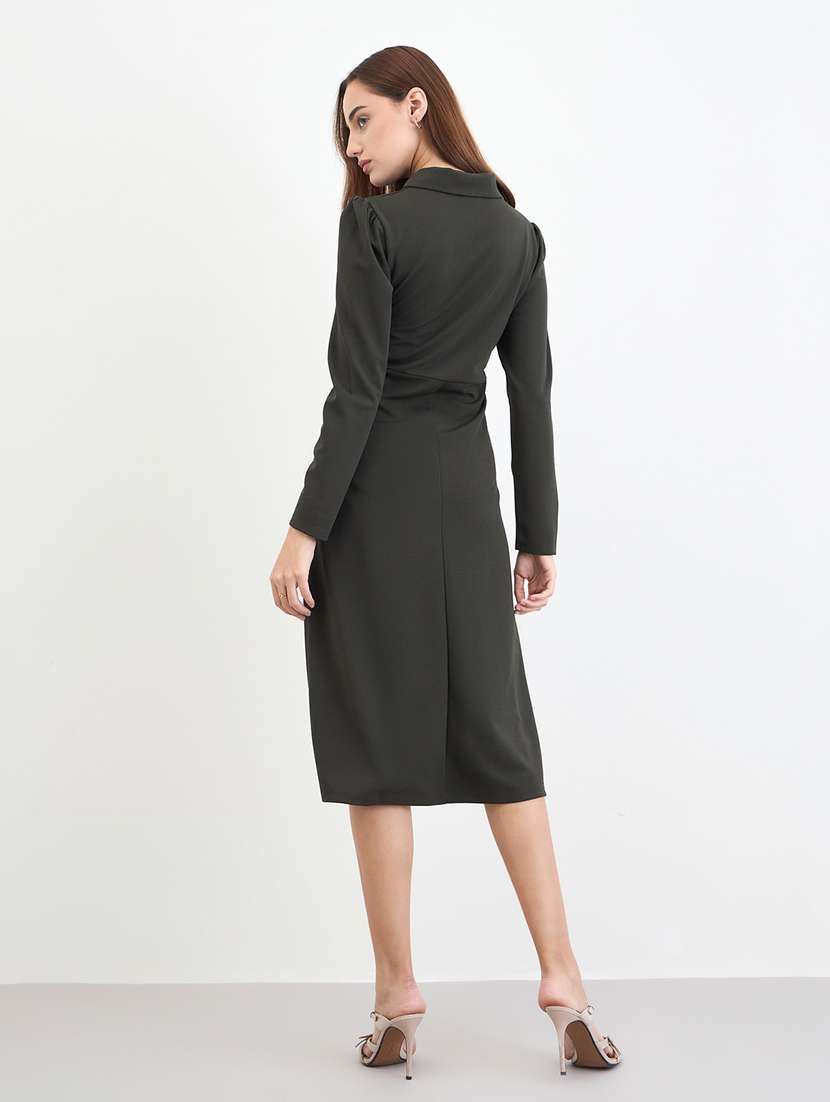 women solid collared puff sleeve a-line dress - 22287838 -  Standard Image - 2