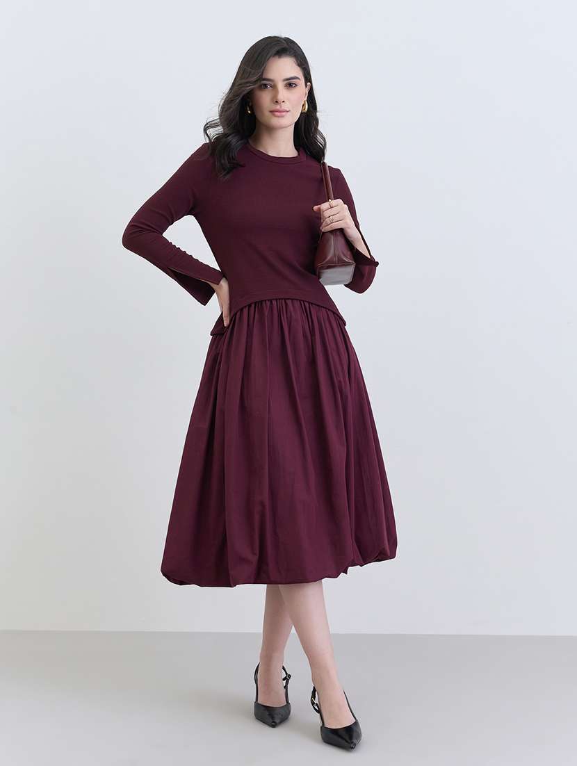women solid crew neck long sleeve ballon dress - 22287839 -  Standard Image - 2
