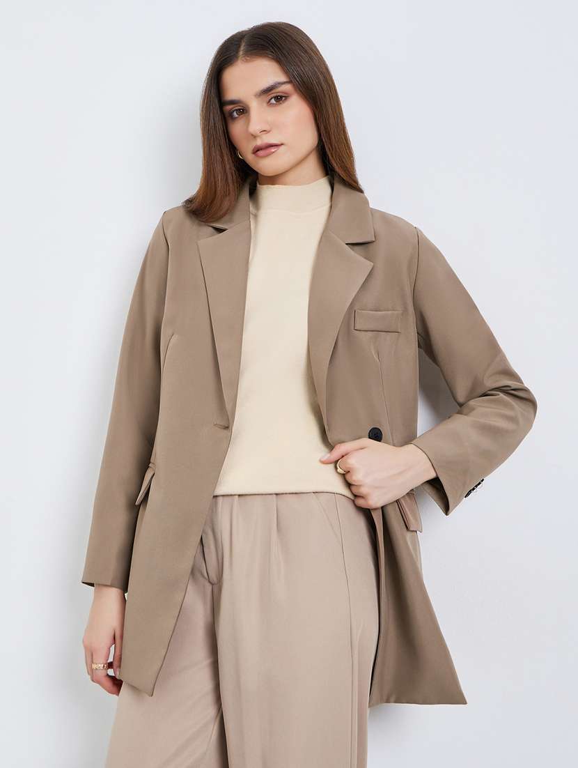 women solid long sleeve double breasted blazer