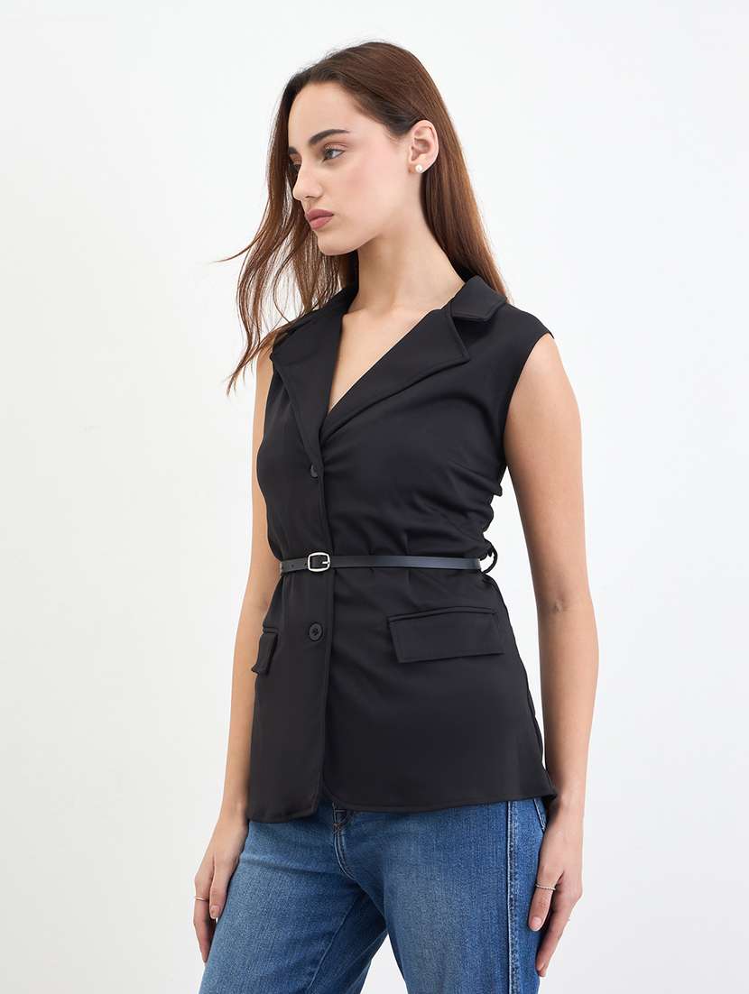 women solid lapell collar sleeveless vest top - 22287862 -  Standard Image - 2