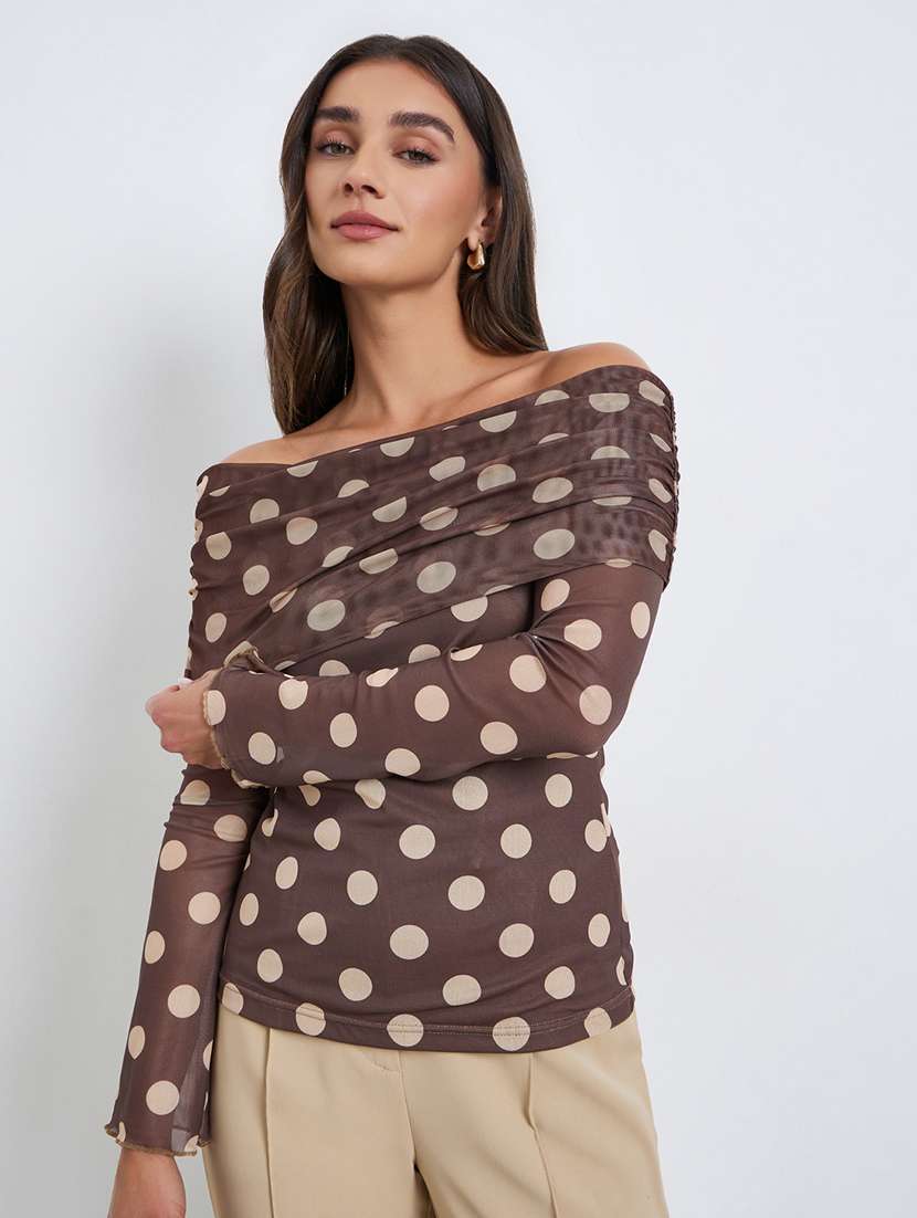 women polka doted off shoulder long sleeve  top