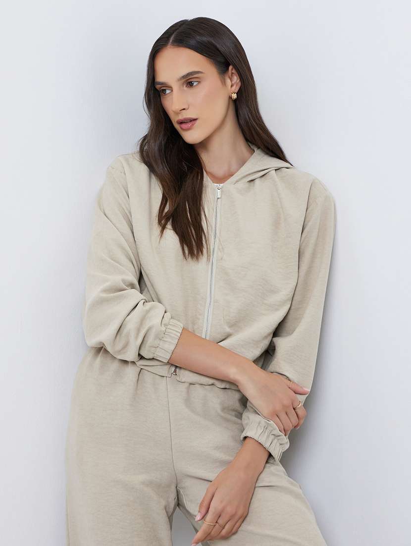 women solid long sleeve hooded crop jacket - 22287880 -  Standard Image - 2