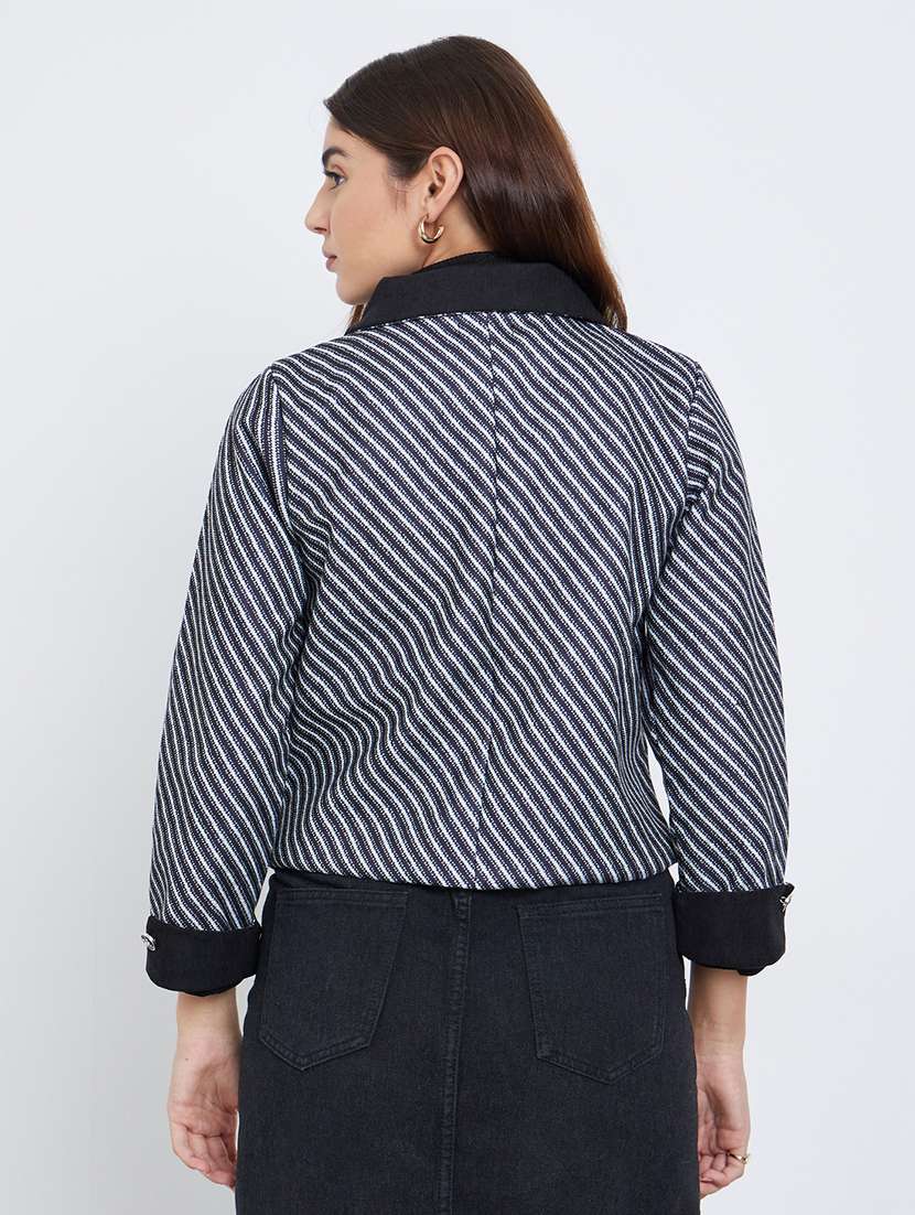 women striped collared long sleeve regular jacket - 22287885 -  Standard Image - 2